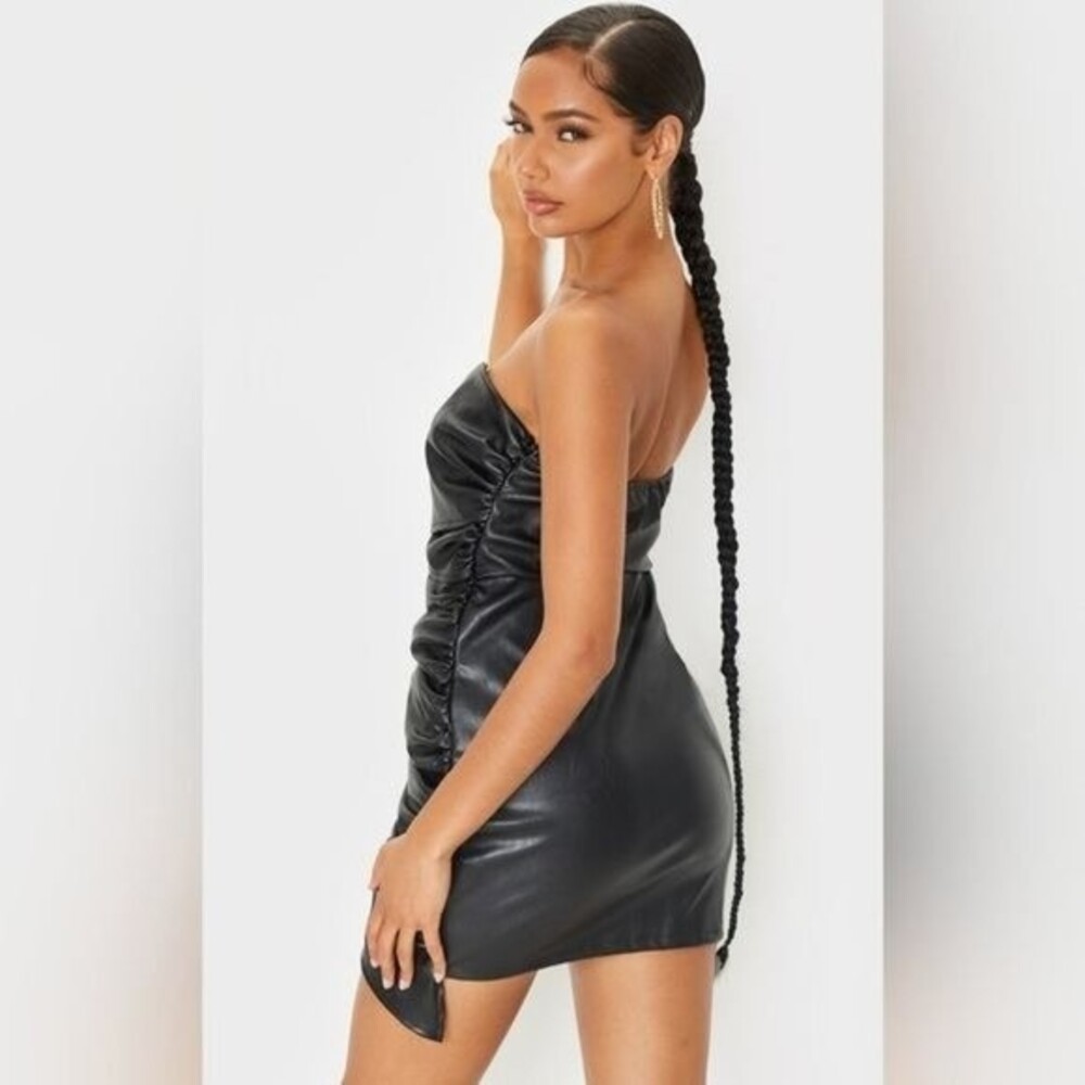 Prettylittlething Black Faux Leather Ruched Drape Bandeau Bodycon Dress Sz 6 NWT